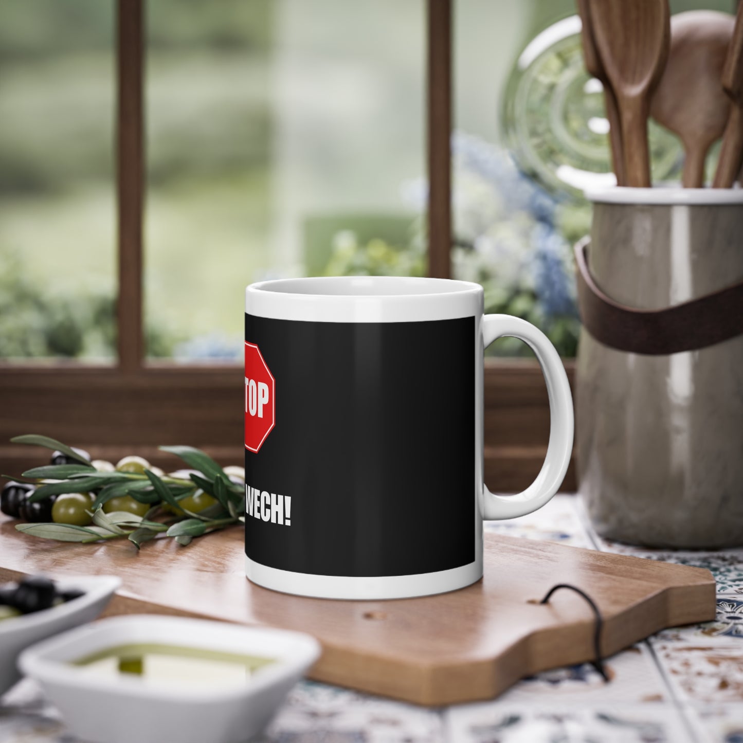 Funny mug “Geh wech” – Funny design for everyday use – Black background