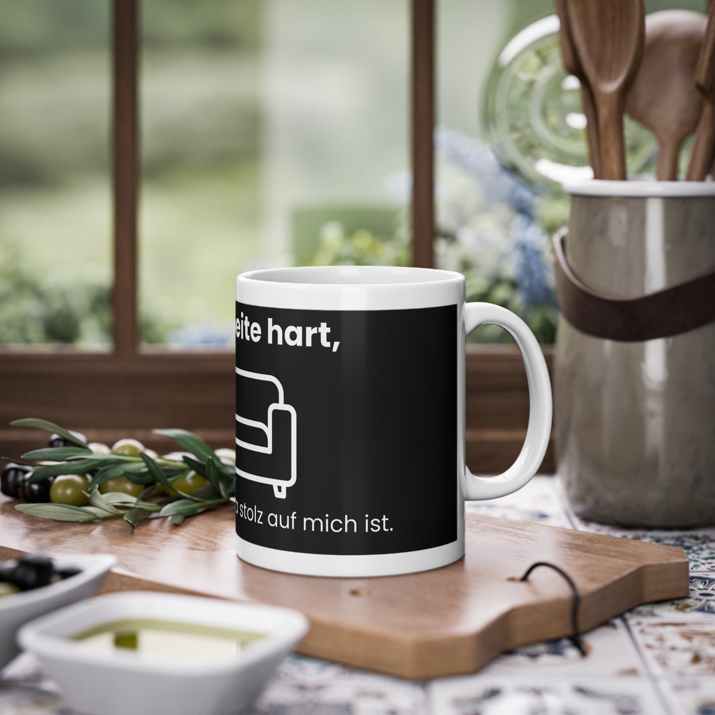 Funny Mug – I work hard to make my sofa proud of me – Black Background